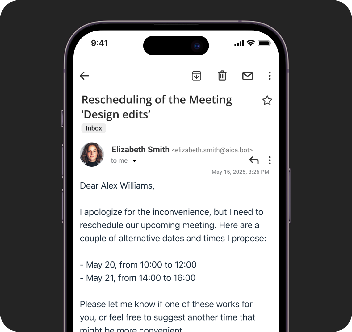 Email thread showing AICA autonomously negotiating meeting times and resolving a scheduling conflict